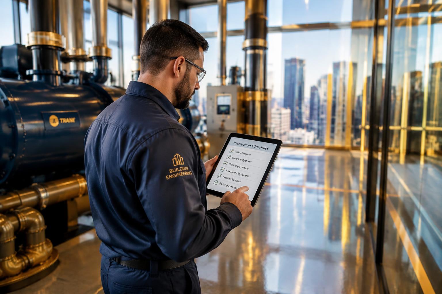 An Aplis building engineer logging an inspection on a tablet inside a modern high-rise