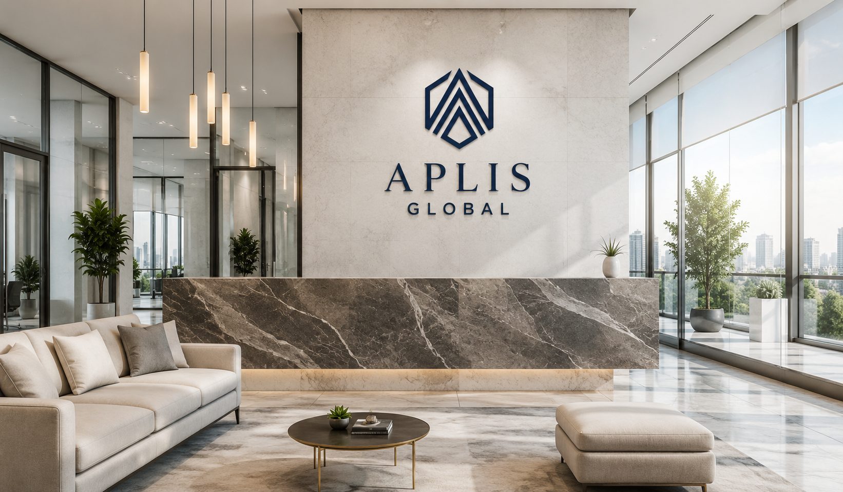 Modern office lobby representing Aplis real estate advisory and leasing services