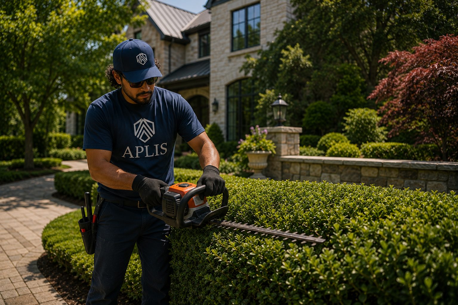 Aplis facility services technician maintaining landscaping at a managed property