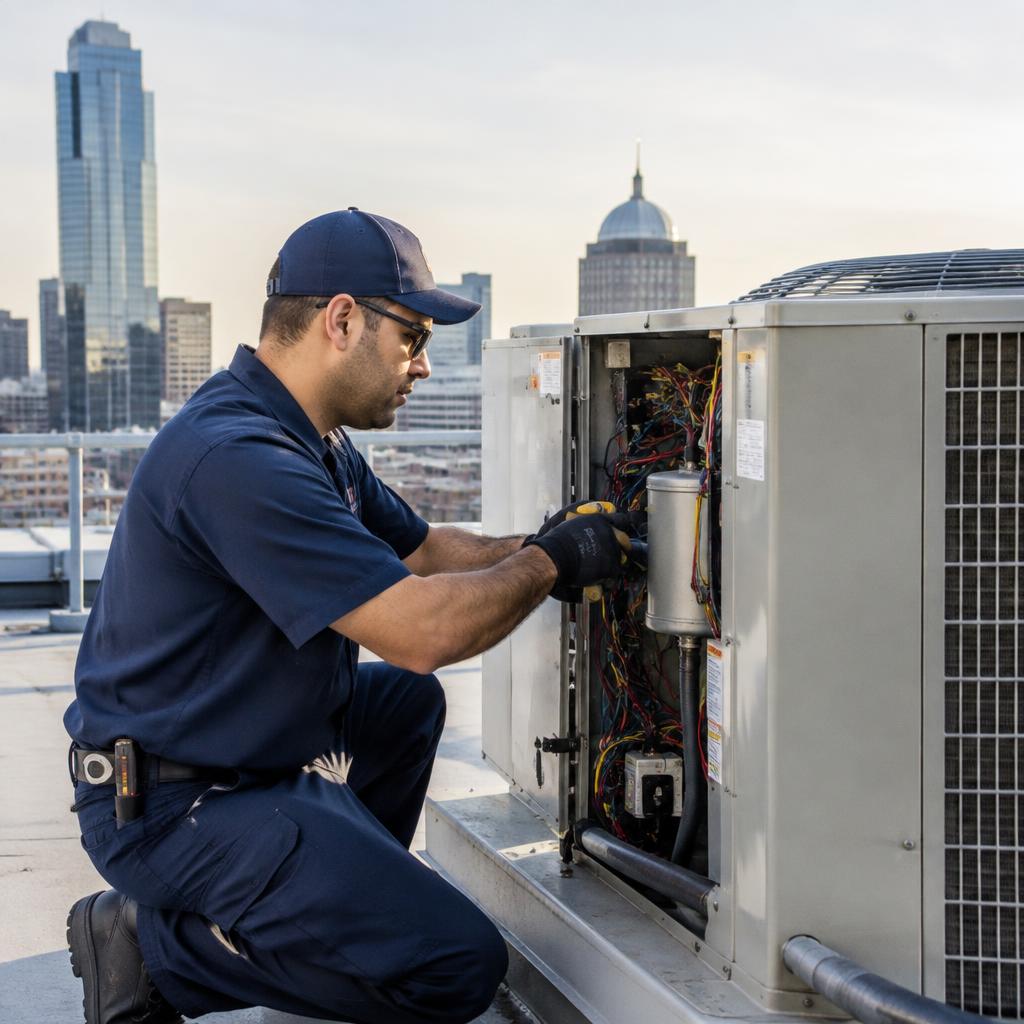 An Aplis Global vendor technician servicing a rooftop HVAC unit